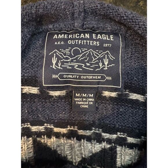 American Eagle Men's Hooded Geometric Sweater Navy White Size M - Picture 7 of 9